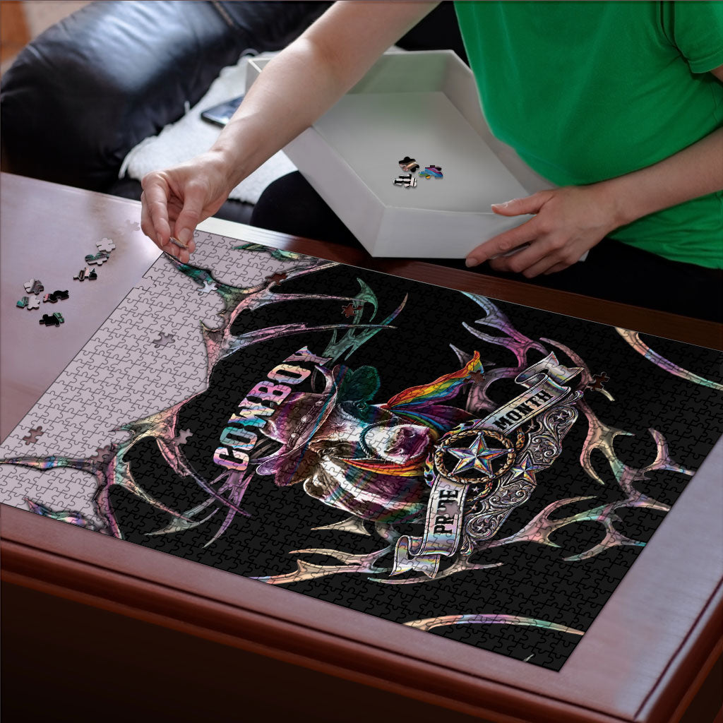 Cowboy Pride Month Sounds Gay Im in Puzzle Y2K Tribal Chrome With Rainbow Scarf Cow