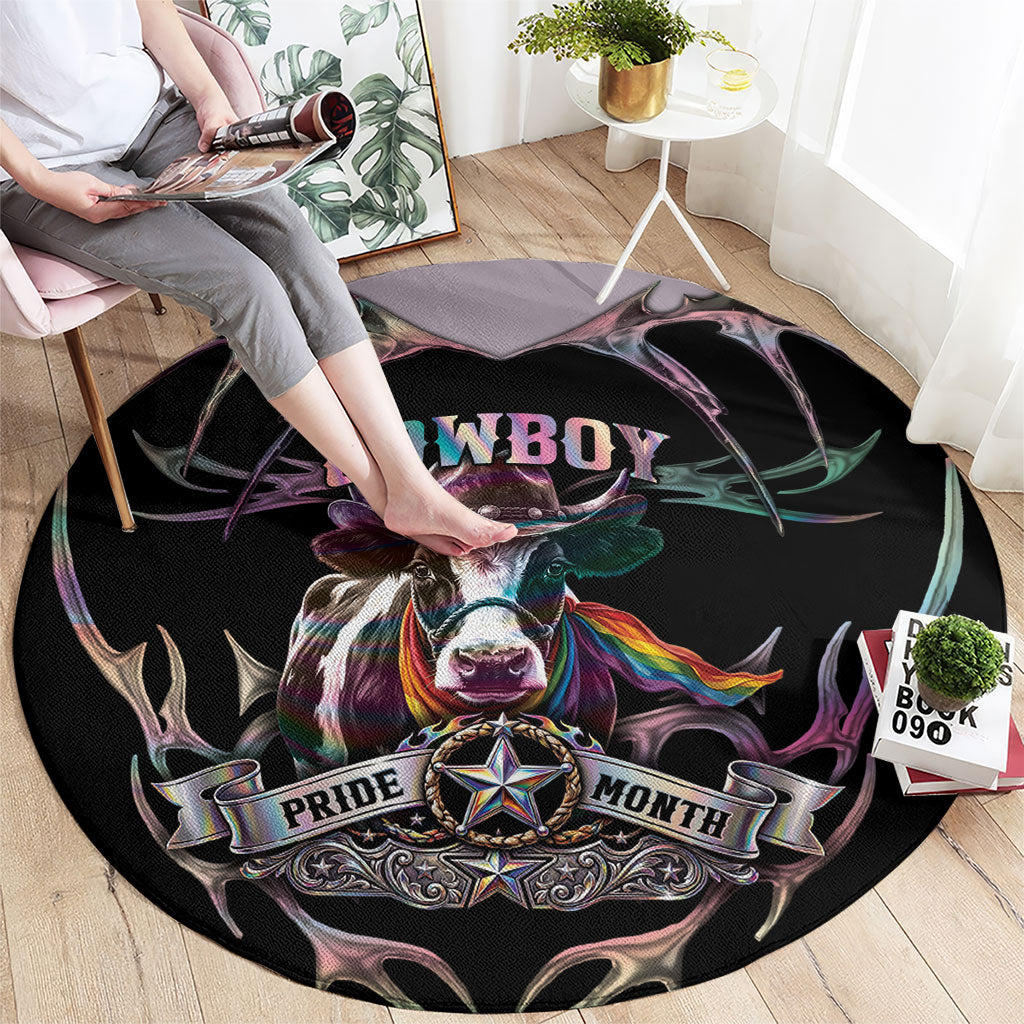 Cowboy Pride Month Sounds Gay Im in Round Carpet Y2K Tribal Chrome With Rainbow Scarf Cow