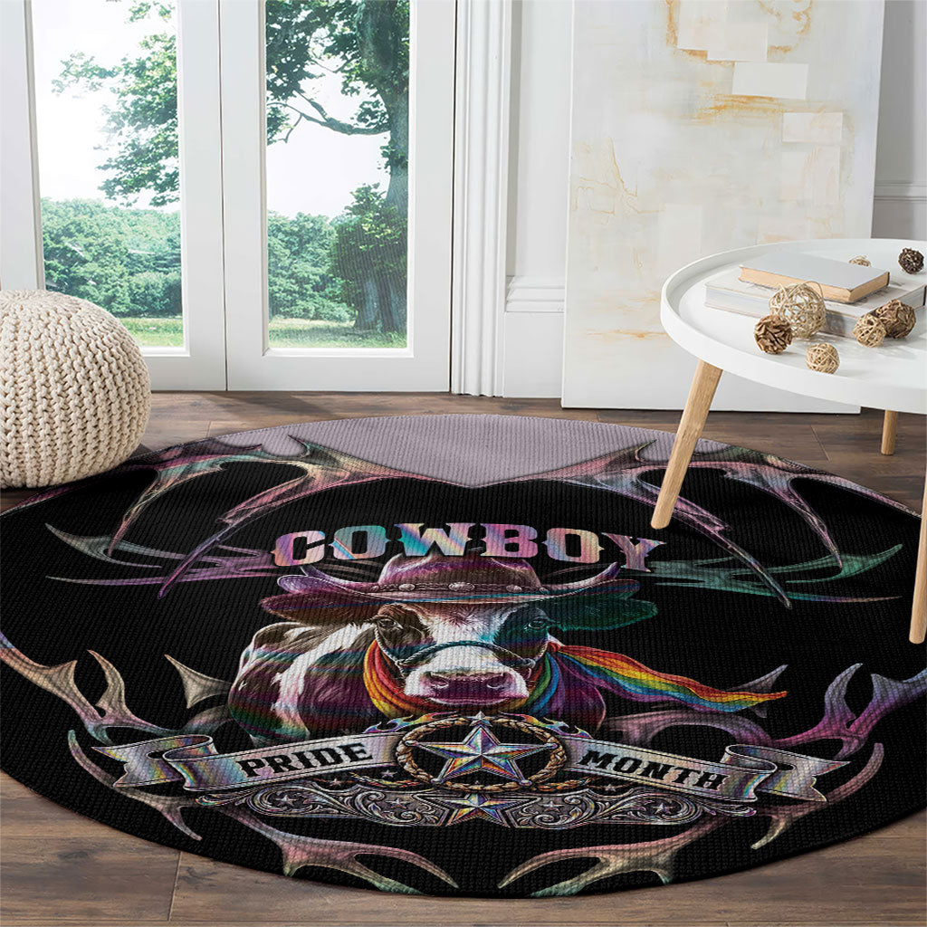 Cowboy Pride Month Sounds Gay Im in Round Carpet Y2K Tribal Chrome With Rainbow Scarf Cow