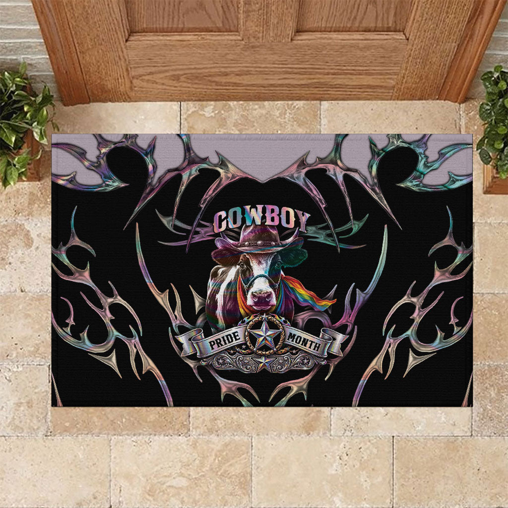 Cowboy Pride Month Sounds Gay Im in Rubber Doormat Y2K Tribal Chrome With Rainbow Scarf Cow