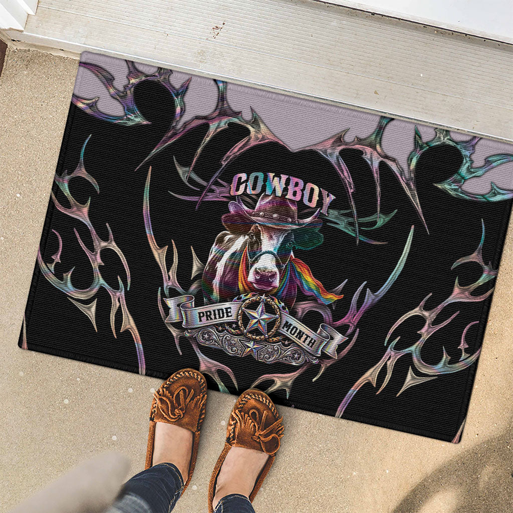 Cowboy Pride Month Sounds Gay Im in Rubber Doormat Y2K Tribal Chrome With Rainbow Scarf Cow