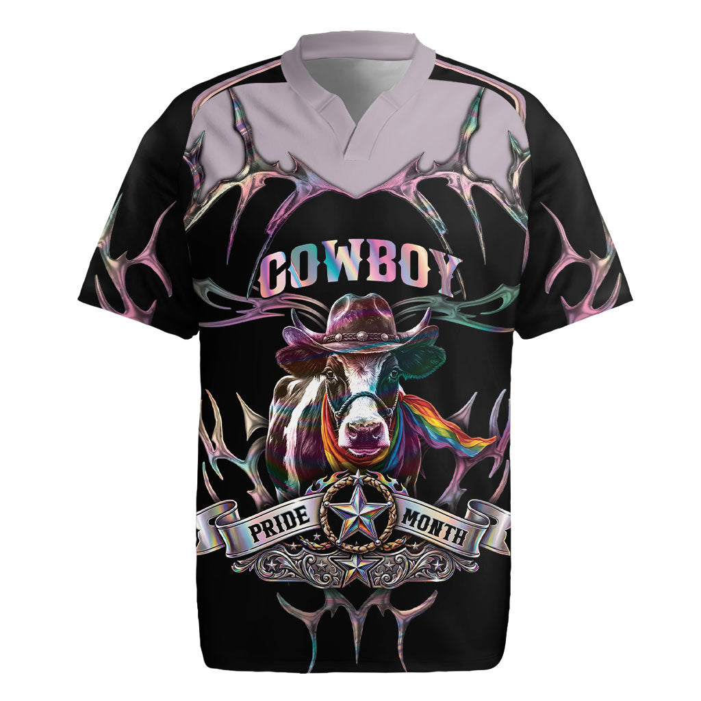 Cowboy Pride Month Sounds Gay Im in Rugby Jersey Y2K Tribal Chrome With Rainbow Scarf Cow