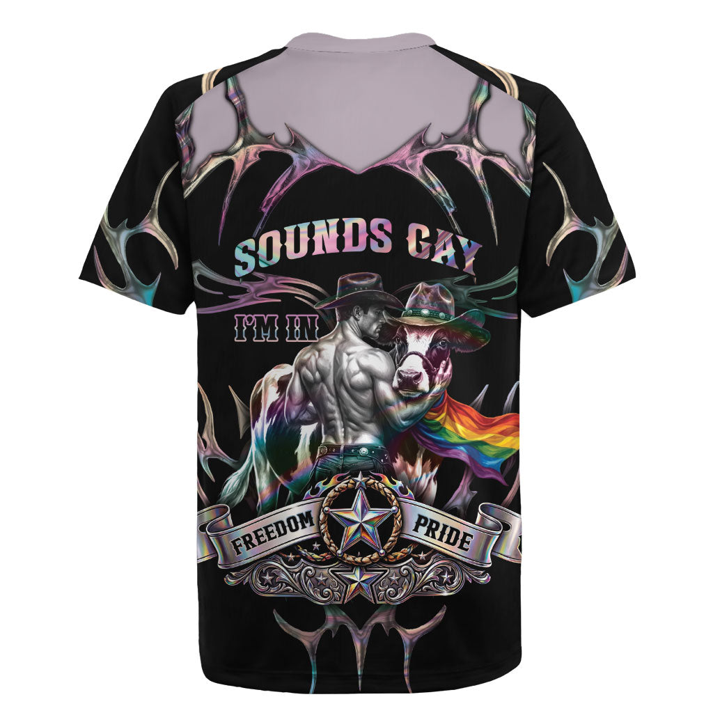 Cowboy Pride Month Sounds Gay Im in Rugby Jersey Y2K Tribal Chrome With Rainbow Scarf Cow