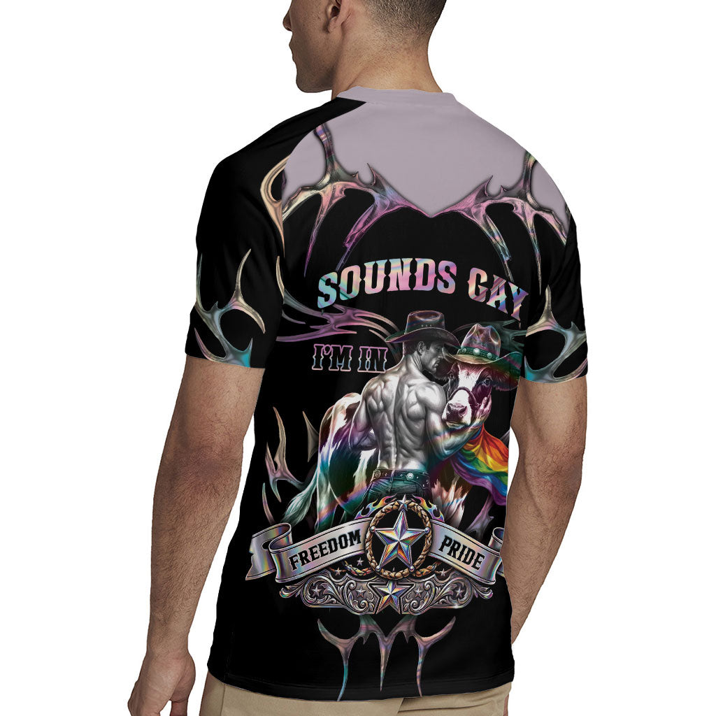 Cowboy Pride Month Sounds Gay Im in Rugby Jersey Y2K Tribal Chrome With Rainbow Scarf Cow