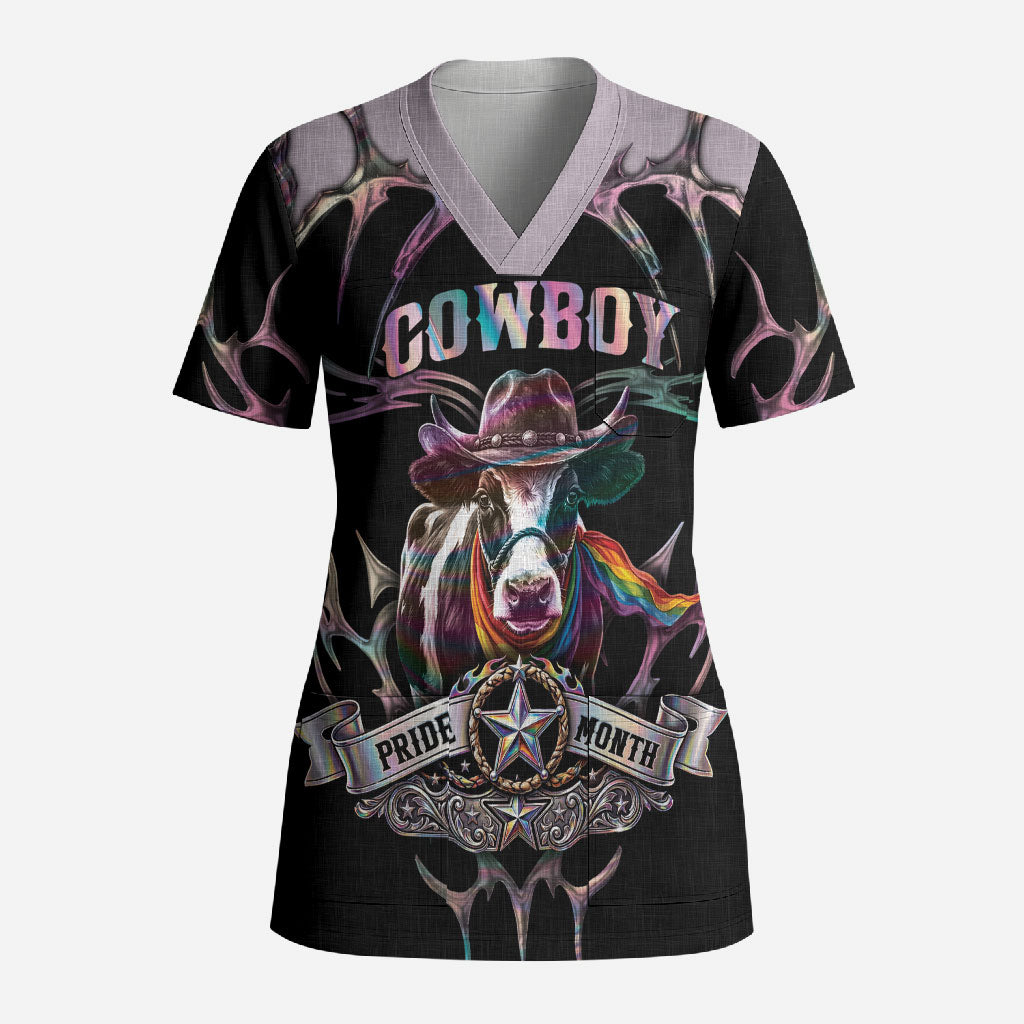 Cowboy Pride Month Sounds Gay Im in Scrub Top Y2K Tribal Chrome With Rainbow Scarf Cow