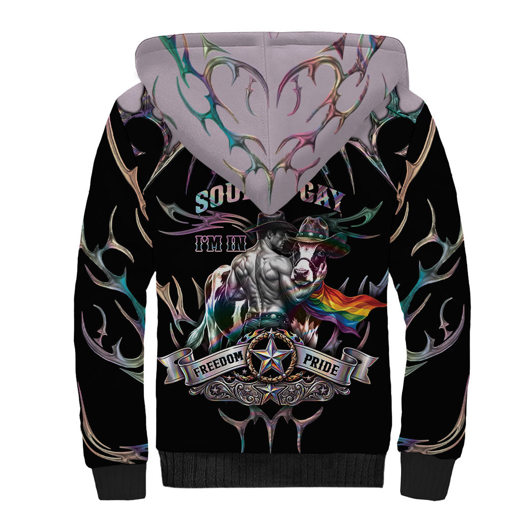 Cowboy Pride Month Sounds Gay Im in Sherpa Hoodie Y2K Tribal Chrome With Rainbow Scarf Cow