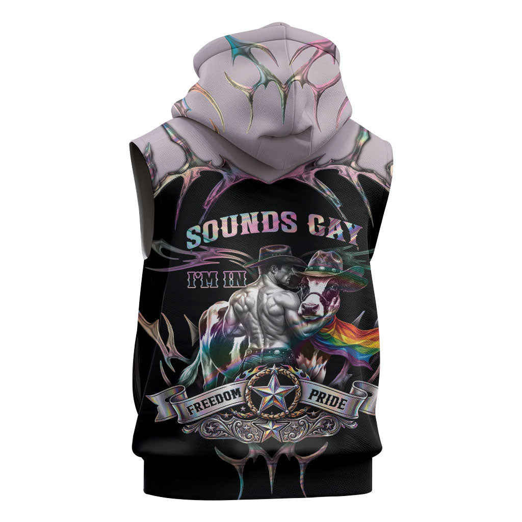 Cowboy Pride Month Sounds Gay Im in Sleeveless Hoodie Y2K Tribal Chrome With Rainbow Scarf Cow