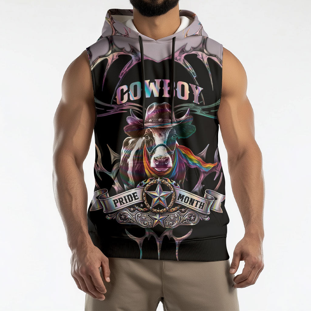 Cowboy Pride Month Sounds Gay Im in Sleeveless Hoodie Y2K Tribal Chrome With Rainbow Scarf Cow