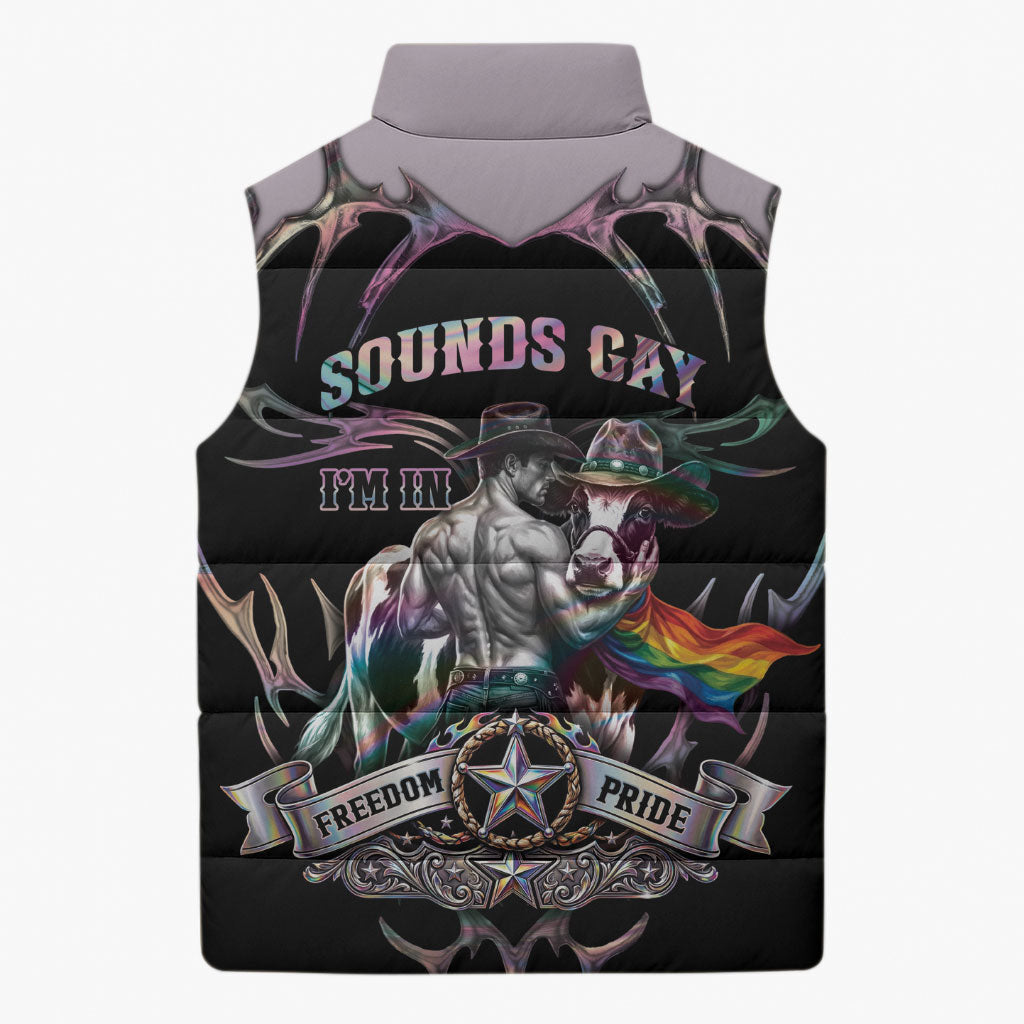 Cowboy Pride Month Sounds Gay Im in Sleeveless Puffer Jacket Y2K Tribal Chrome With Rainbow Scarf Cow
