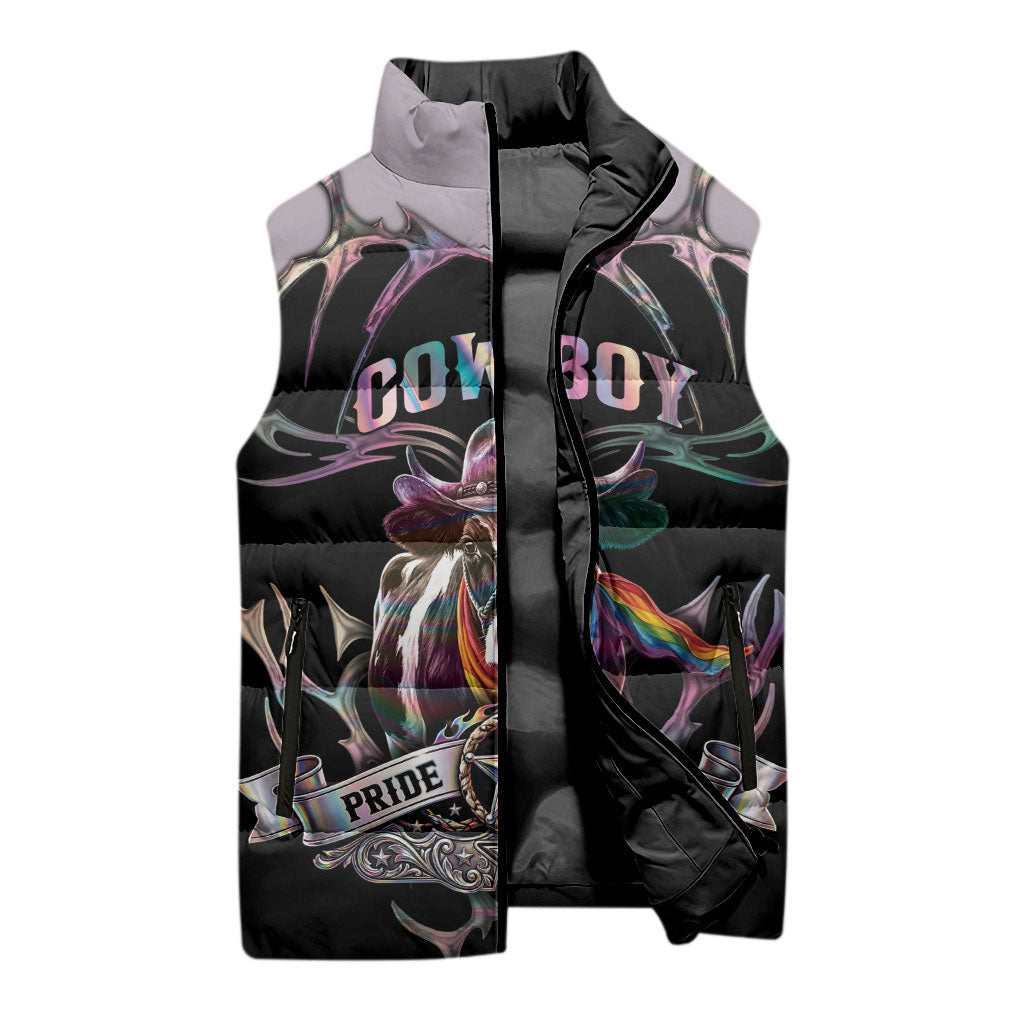 Cowboy Pride Month Sounds Gay Im in Sleeveless Puffer Jacket Y2K Tribal Chrome With Rainbow Scarf Cow