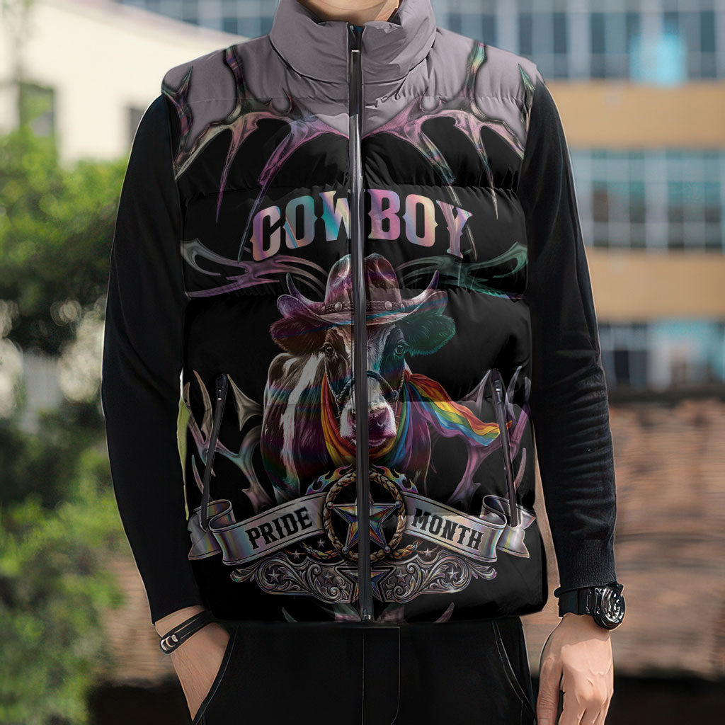 Cowboy Pride Month Sounds Gay Im in Sleeveless Puffer Jacket Y2K Tribal Chrome With Rainbow Scarf Cow