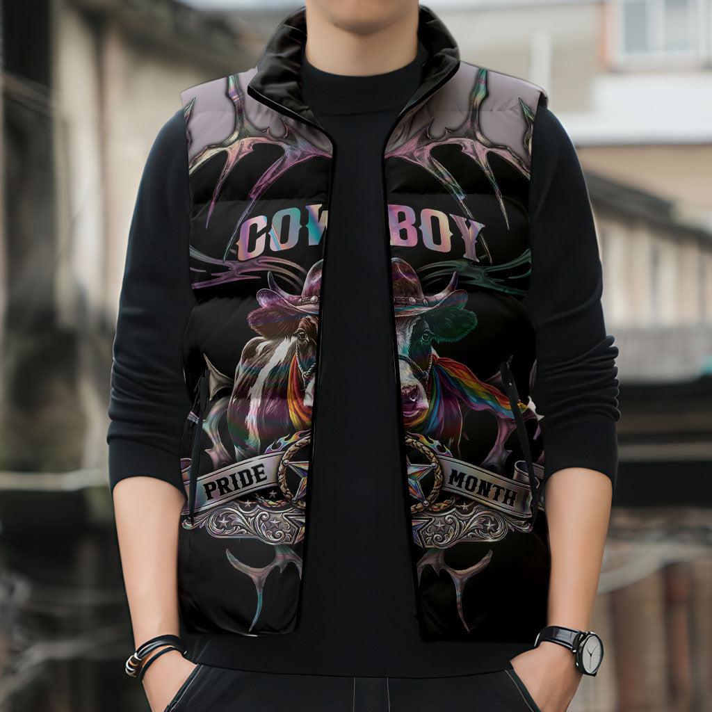 Cowboy Pride Month Sounds Gay Im in Sleeveless Puffer Jacket Y2K Tribal Chrome With Rainbow Scarf Cow
