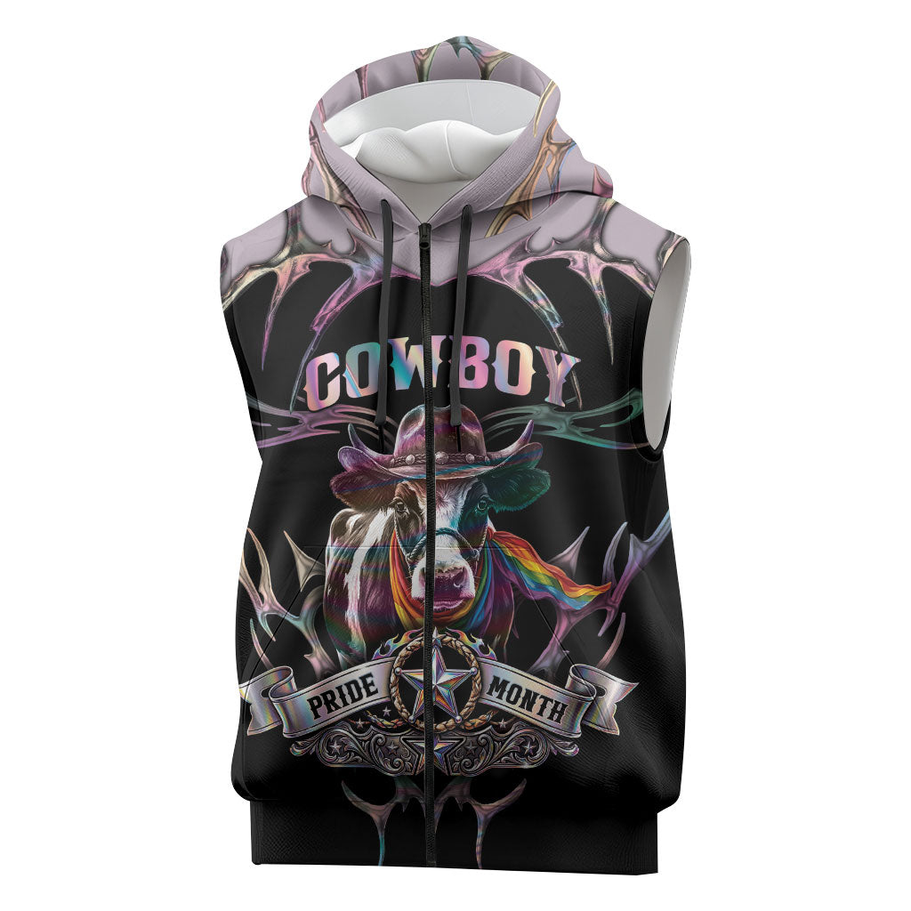Cowboy Pride Month Sounds Gay Im in Sleeveless Zip Hoodie Y2K Tribal Chrome With Rainbow Scarf Cow