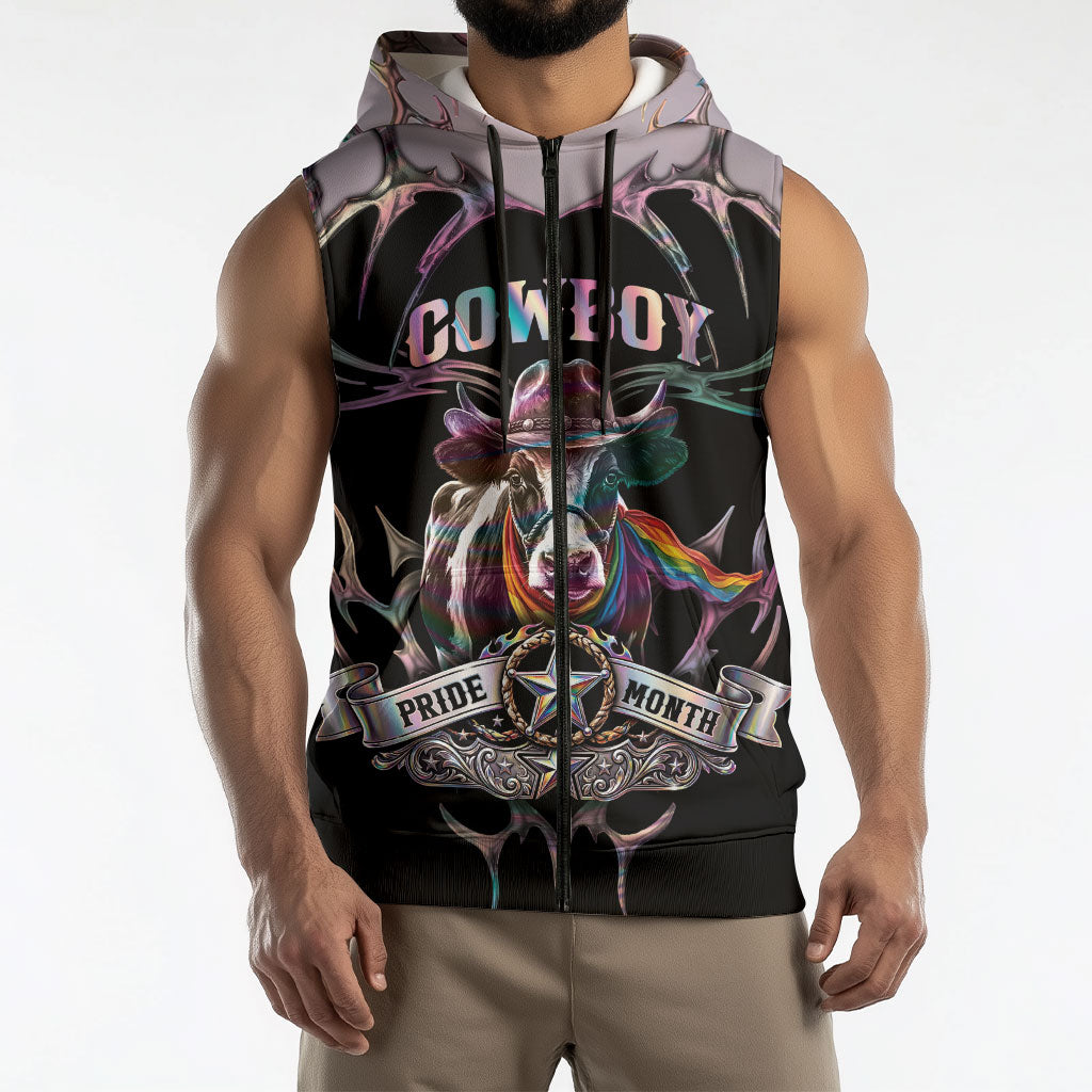 Cowboy Pride Month Sounds Gay Im in Sleeveless Zip Hoodie Y2K Tribal Chrome With Rainbow Scarf Cow