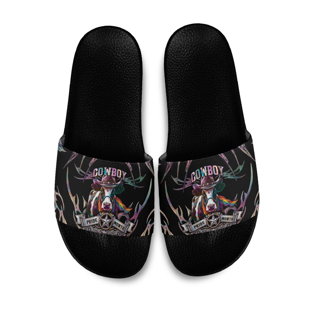 Cowboy Pride Month Sounds Gay Im in Slide Sandals Y2K Tribal Chrome With Rainbow Scarf Cow
