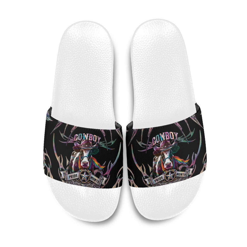 Cowboy Pride Month Sounds Gay Im in Slide Sandals Y2K Tribal Chrome With Rainbow Scarf Cow
