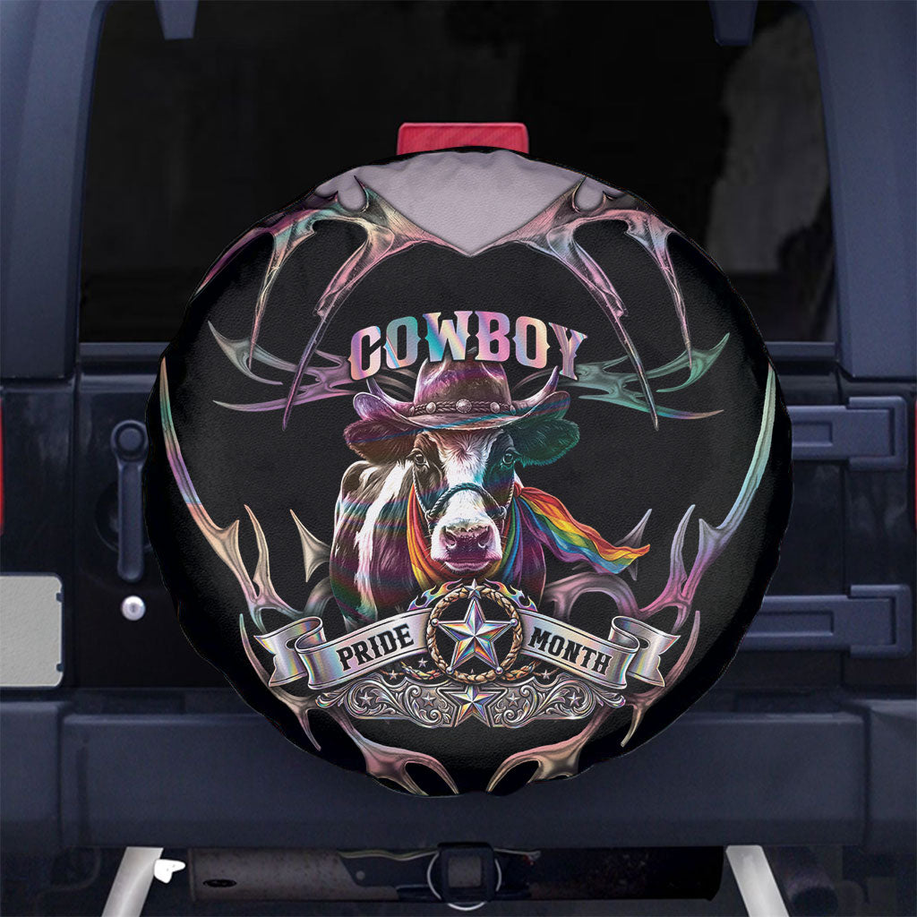 Cowboy Pride Month Sounds Gay Im in Spare Tire Cover Y2K Tribal Chrome With Rainbow Scarf Cow