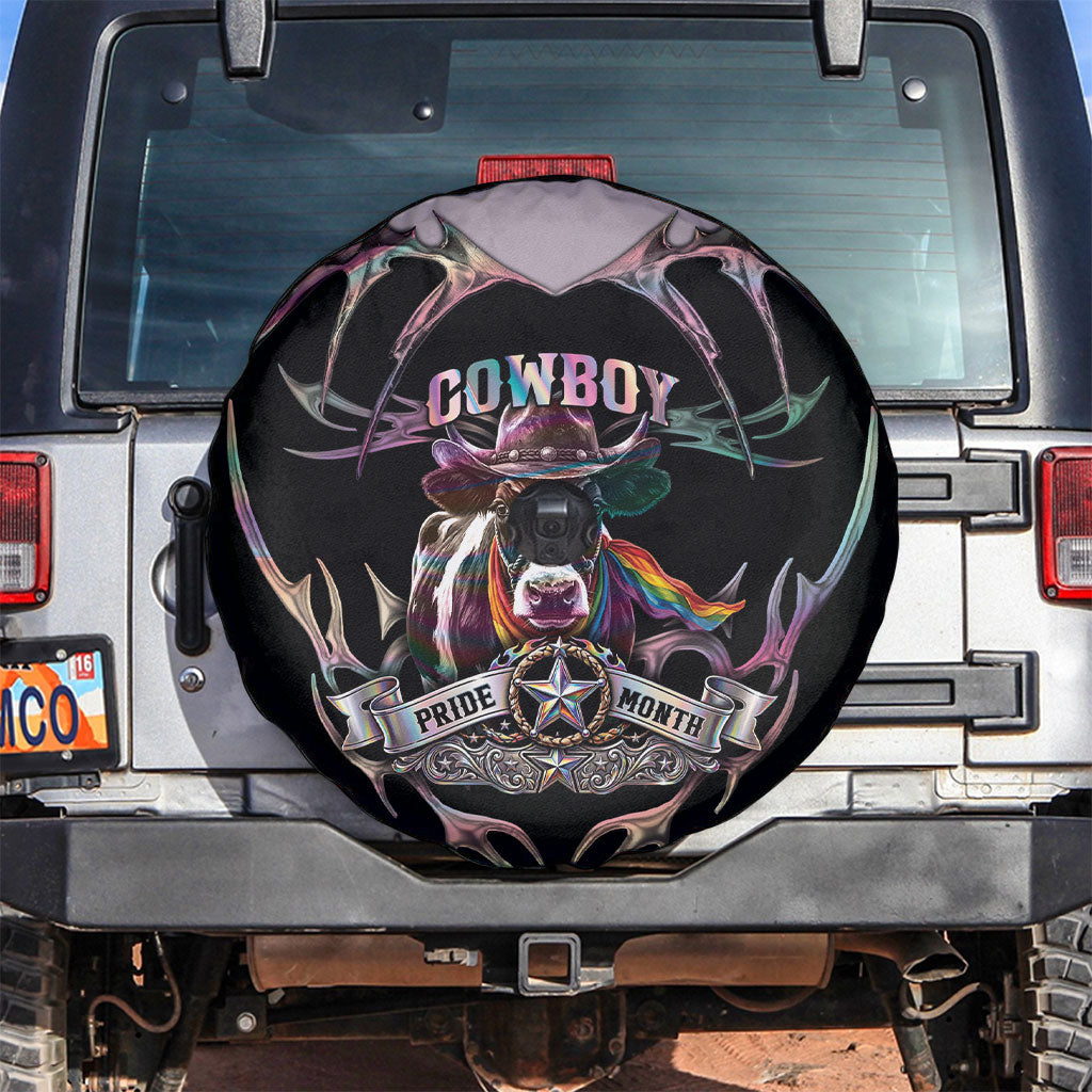 Cowboy Pride Month Sounds Gay Im in Spare Tire Cover Y2K Tribal Chrome With Rainbow Scarf Cow
