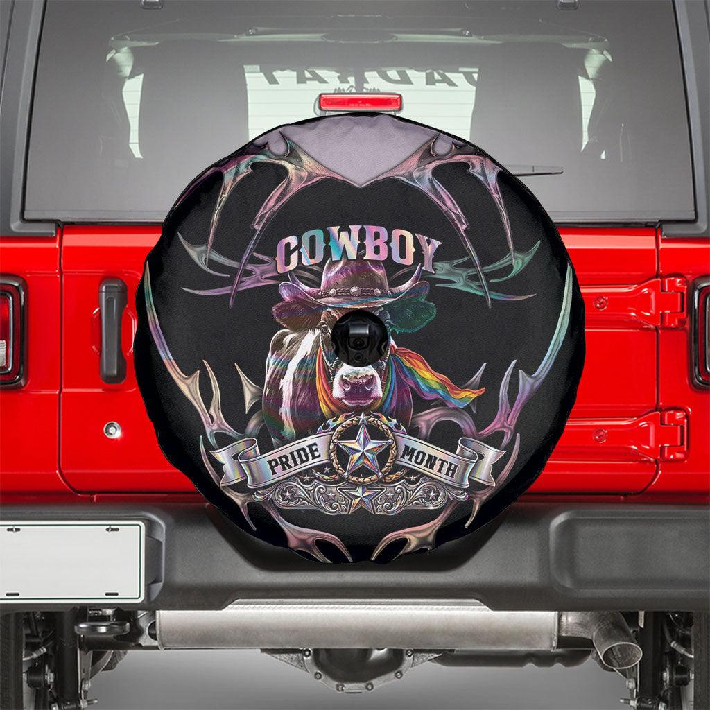 Cowboy Pride Month Sounds Gay Im in Spare Tire Cover Y2K Tribal Chrome With Rainbow Scarf Cow