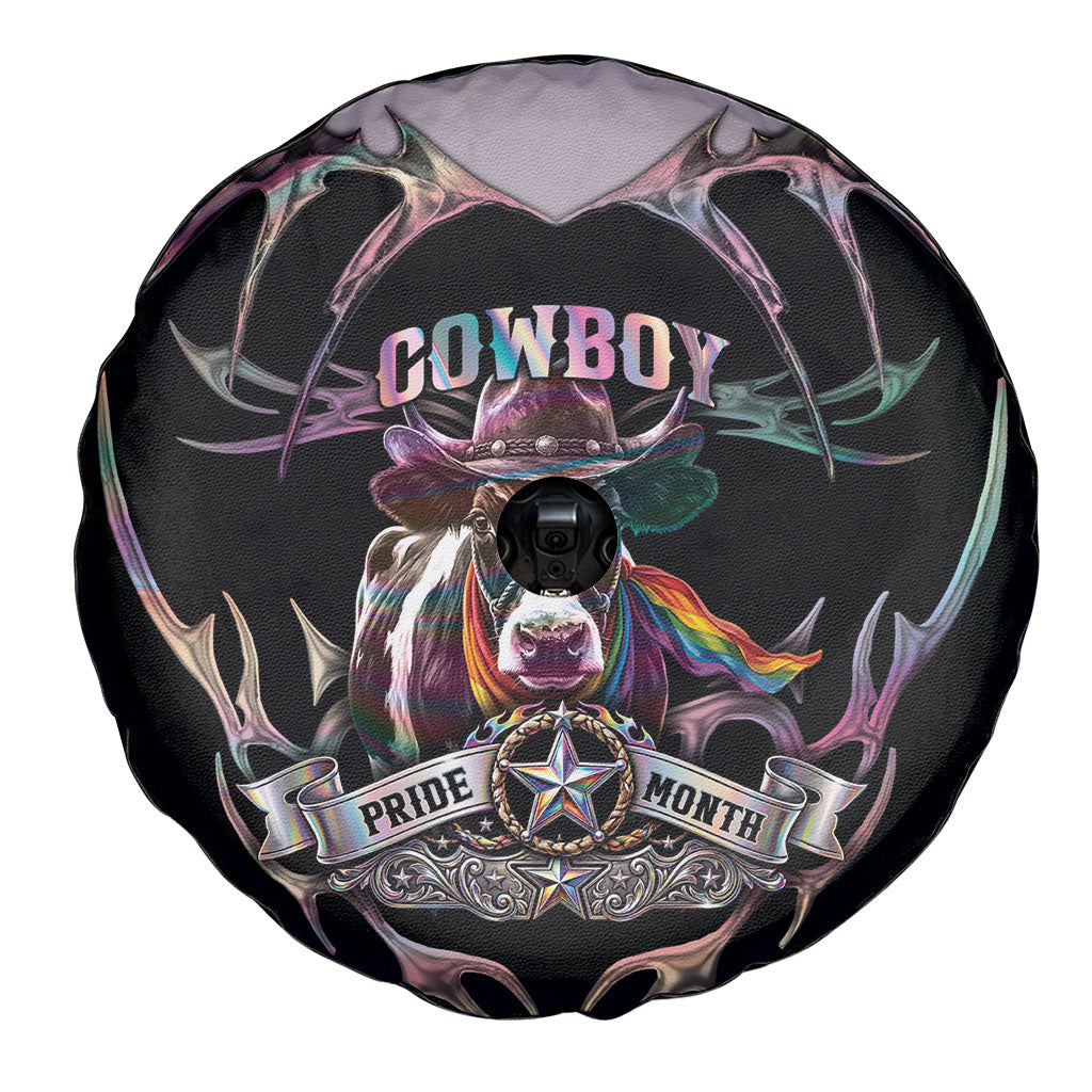 Cowboy Pride Month Sounds Gay Im in Spare Tire Cover Y2K Tribal Chrome With Rainbow Scarf Cow