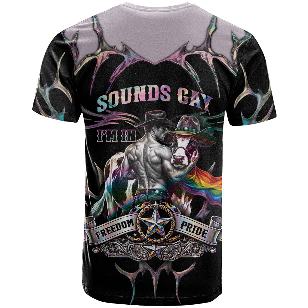 Cowboy Pride Month Sounds Gay Im in T Shirt Y2K Tribal Chrome With Rainbow Scarf Cow