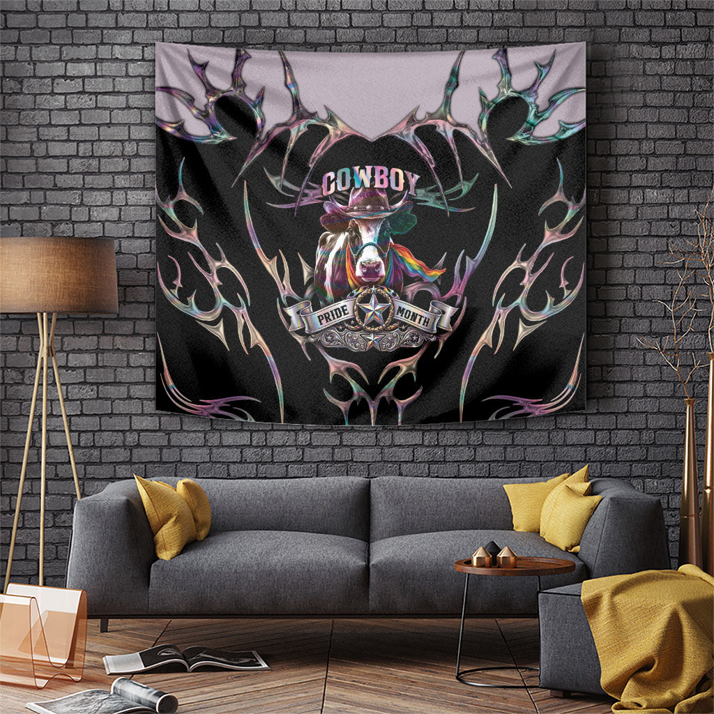 Cowboy Pride Month Sounds Gay Im in Tapestry Y2K Tribal Chrome With Rainbow Scarf Cow