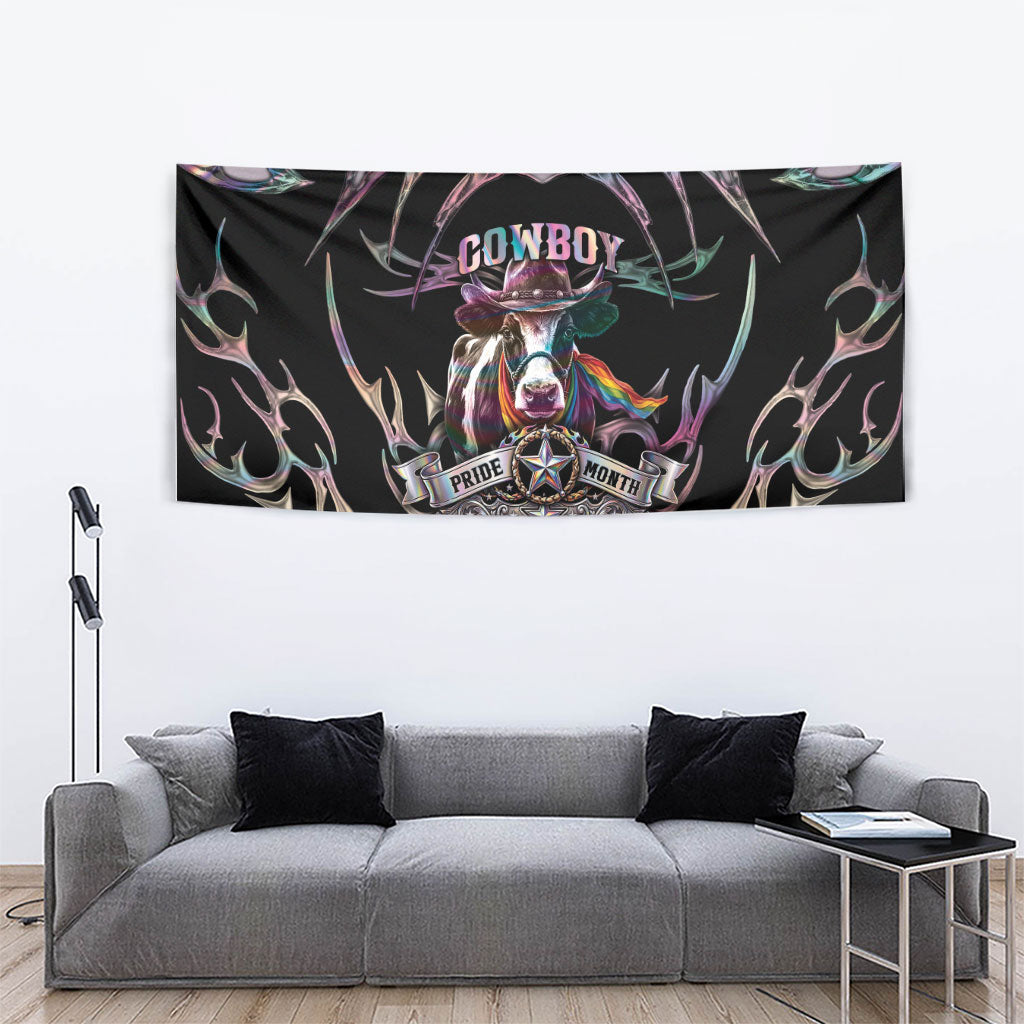 Cowboy Pride Month Sounds Gay Im in Tapestry Y2K Tribal Chrome With Rainbow Scarf Cow