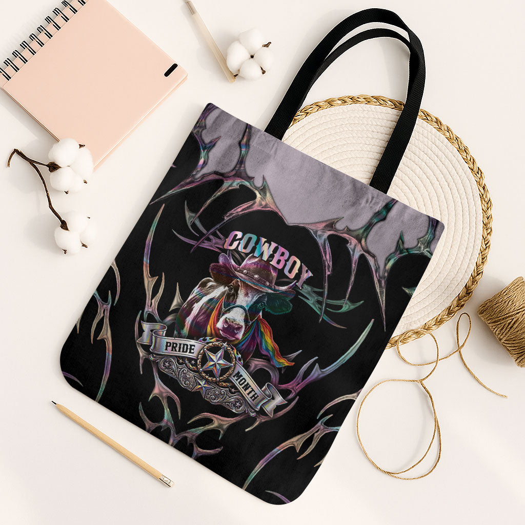 Cowboy Pride Month Sounds Gay Im in Tote Bag Y2K Tribal Chrome With Rainbow Scarf Cow