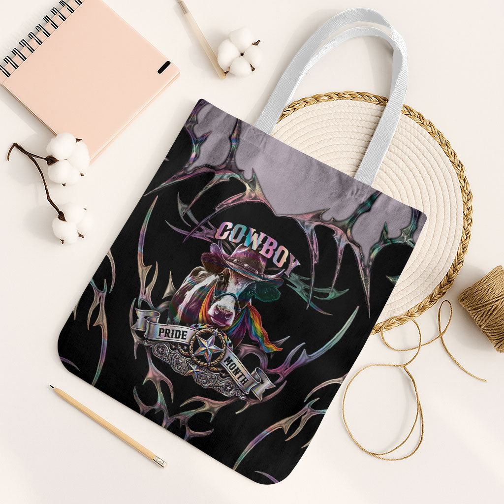 Cowboy Pride Month Sounds Gay Im in Tote Bag Y2K Tribal Chrome With Rainbow Scarf Cow