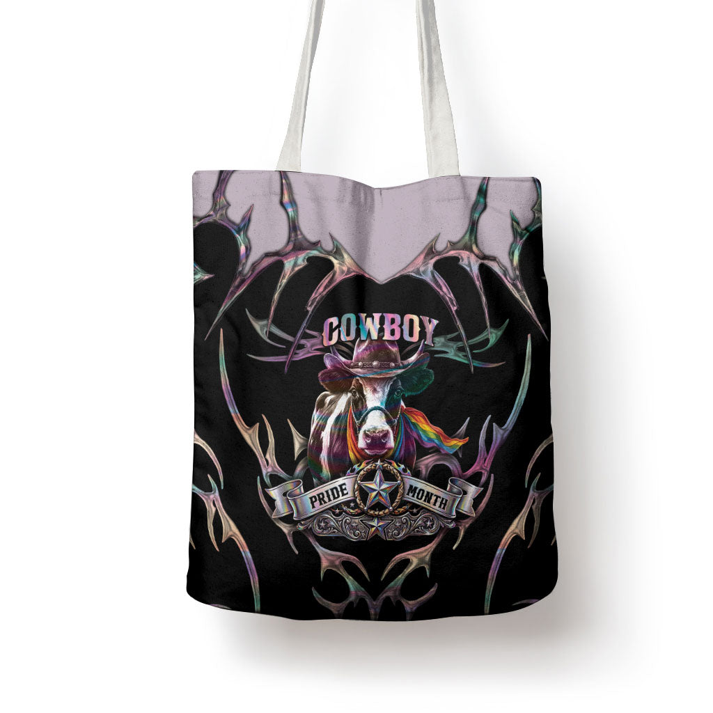 Cowboy Pride Month Sounds Gay Im in Tote Bag Y2K Tribal Chrome With Rainbow Scarf Cow