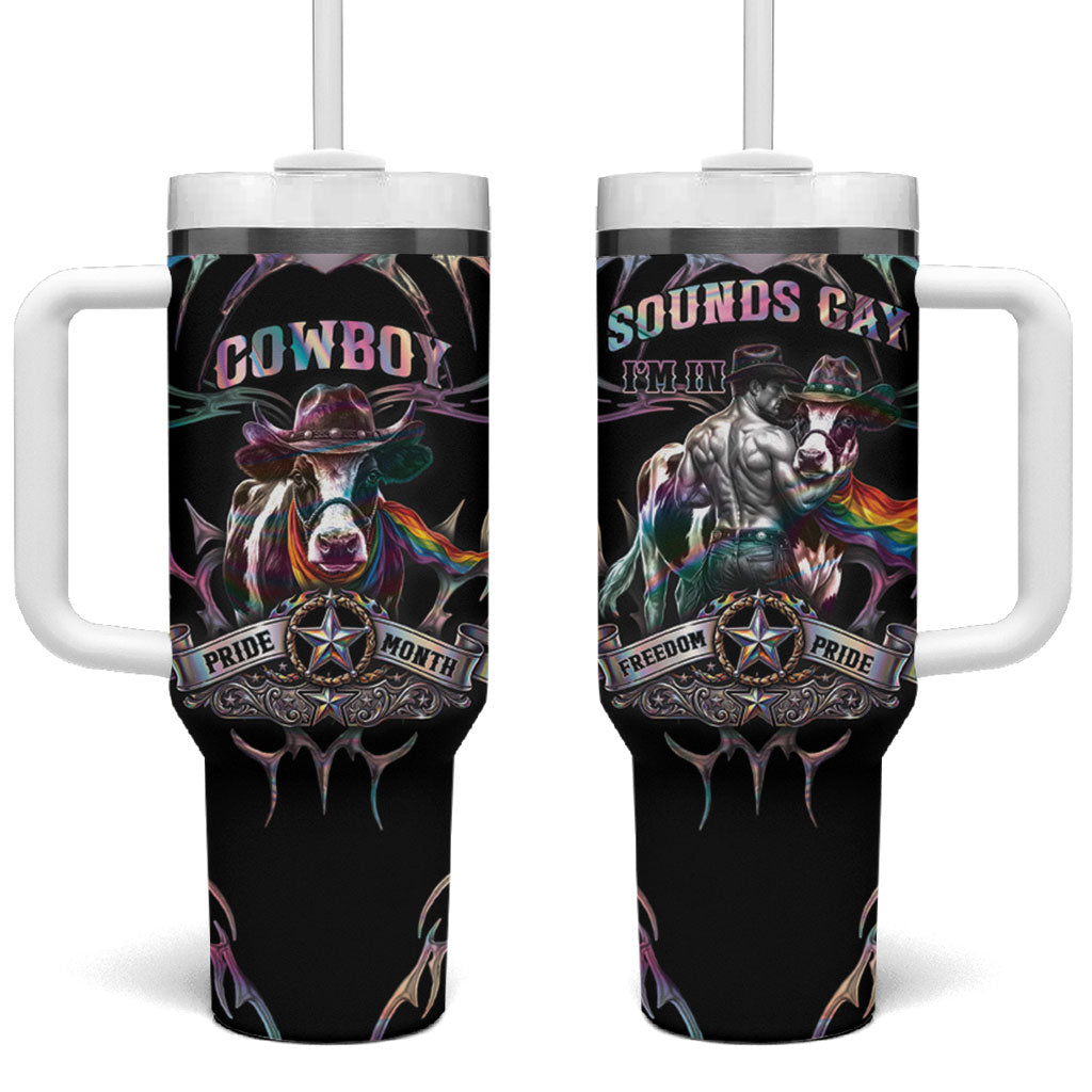 Cowboy Pride Month Sounds Gay Im in Tumbler With Handle Y2K Tribal Chrome With Rainbow Scarf Cow