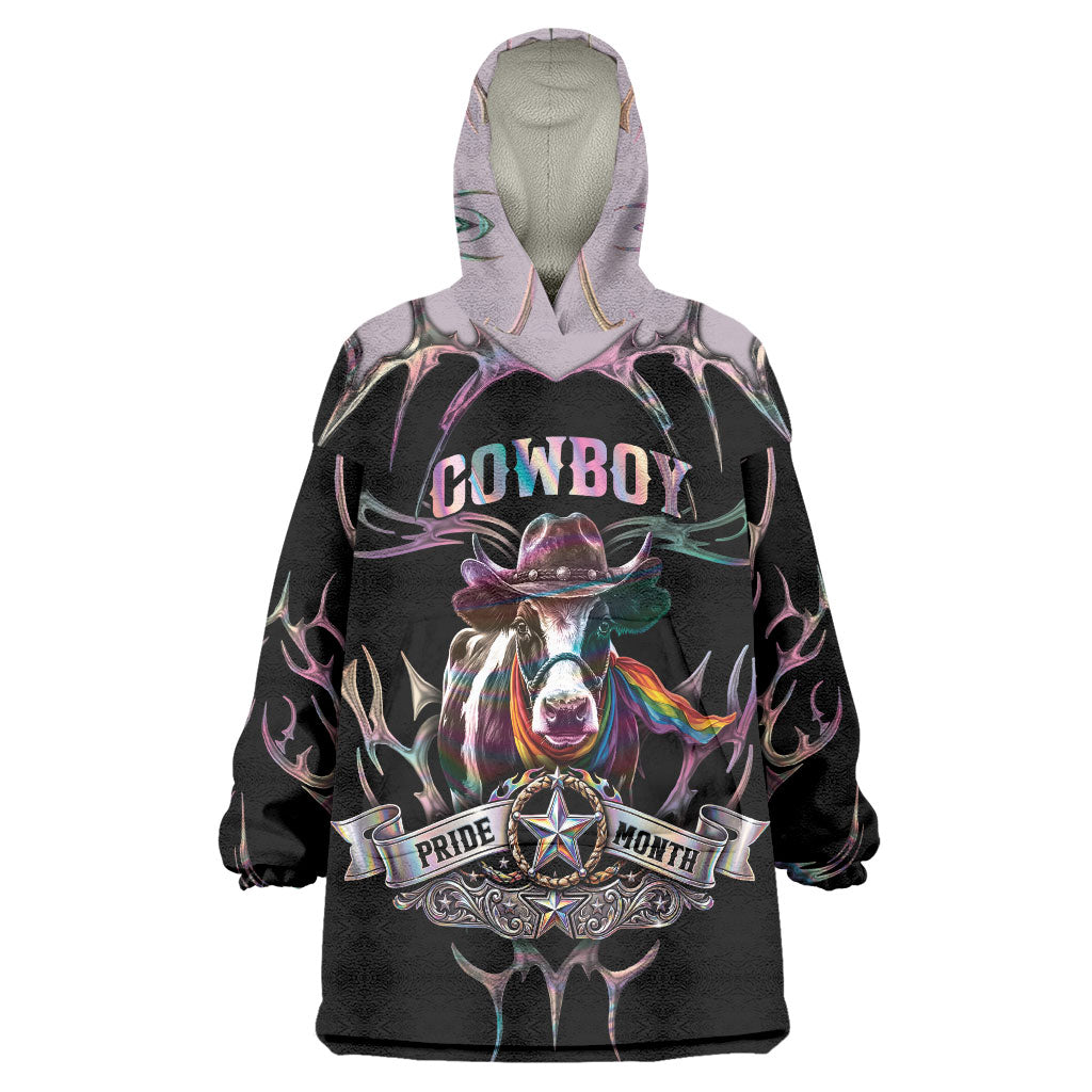 Cowboy Pride Month Sounds Gay Im in Wearable Blanket Hoodie Y2K Tribal Chrome With Rainbow Scarf Cow