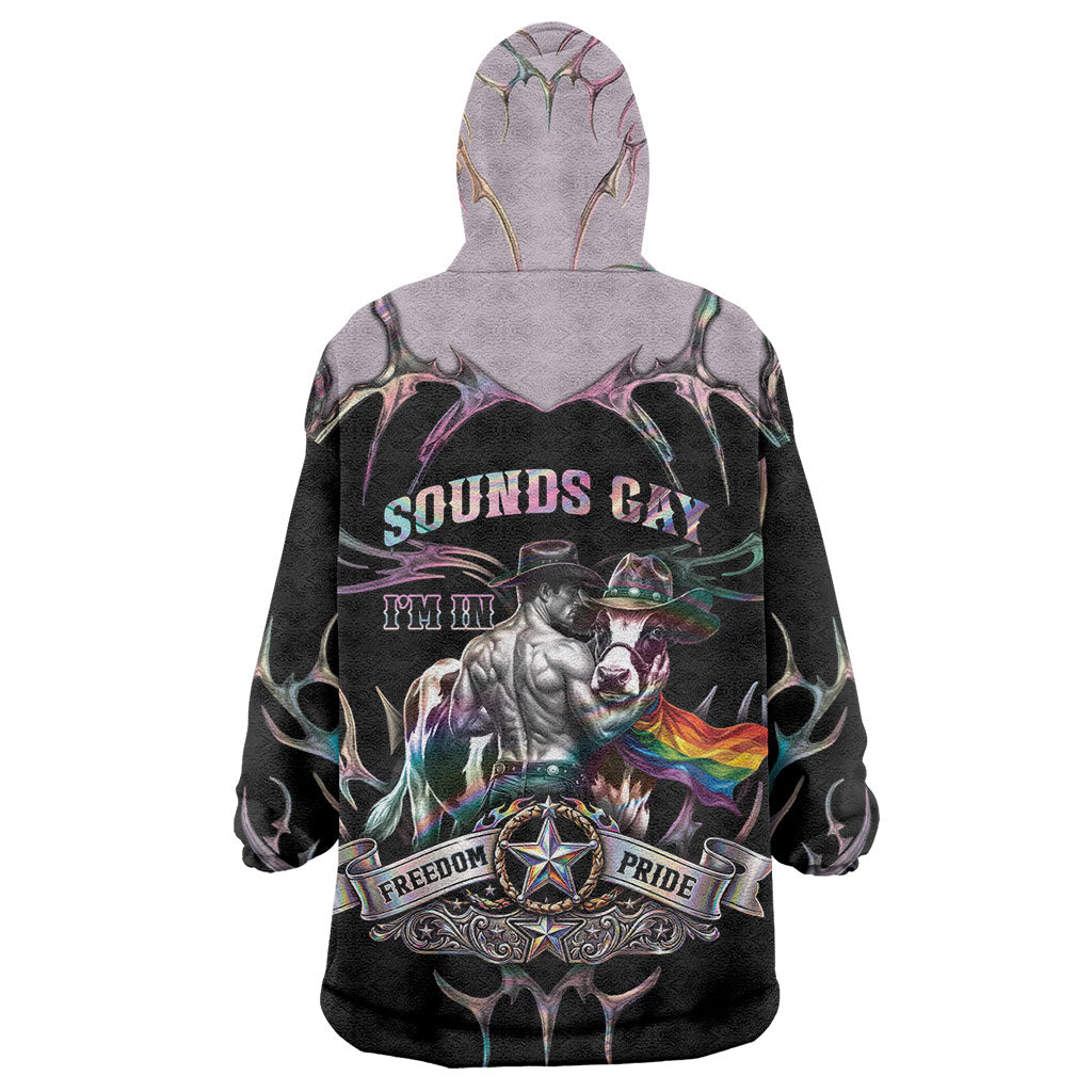 Cowboy Pride Month Sounds Gay Im in Wearable Blanket Hoodie Y2K Tribal Chrome With Rainbow Scarf Cow