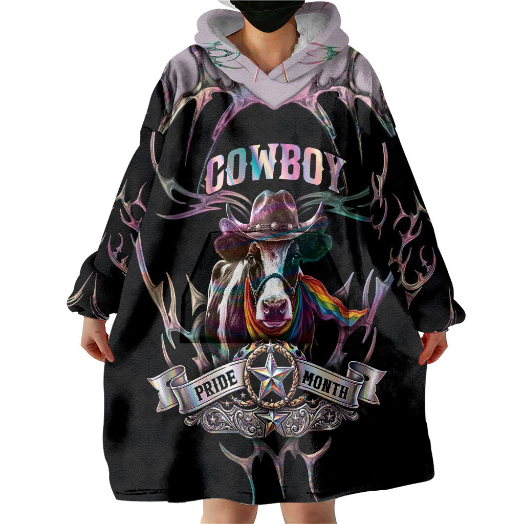 Cowboy Pride Month Sounds Gay Im in Wearable Blanket Hoodie Y2K Tribal Chrome With Rainbow Scarf Cow