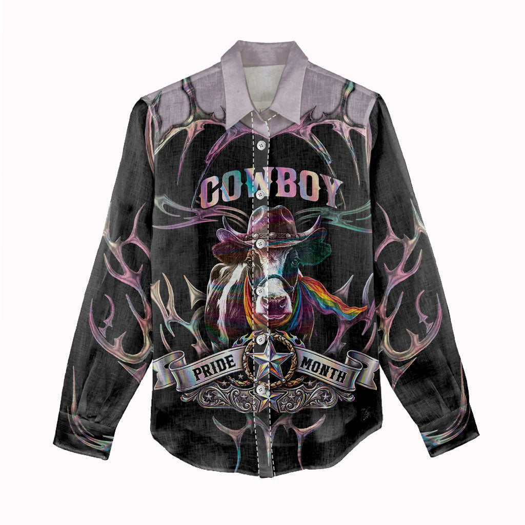 Cowboy Pride Month Sounds Gay Im in Women Casual Shirt Y2K Tribal Chrome With Rainbow Scarf Cow