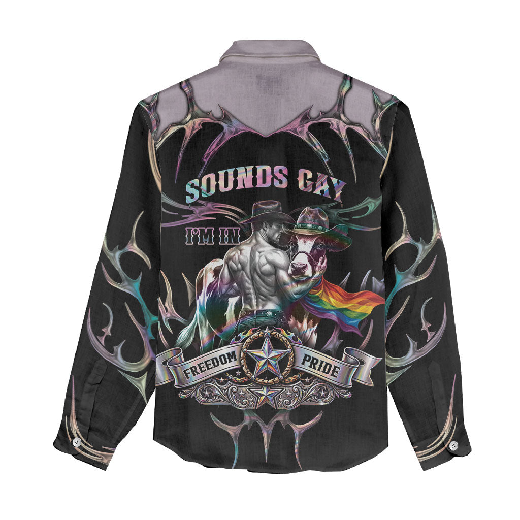 Cowboy Pride Month Sounds Gay Im in Women Casual Shirt Y2K Tribal Chrome With Rainbow Scarf Cow
