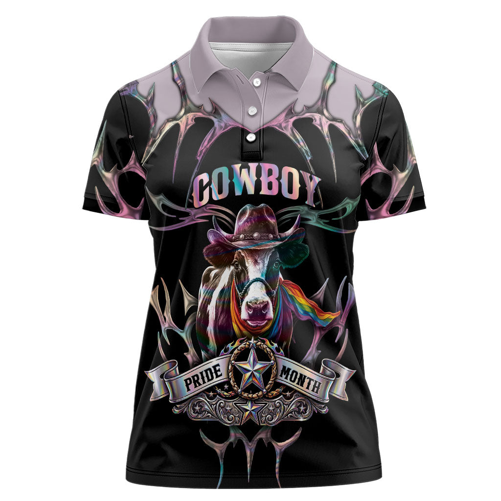 Cowboy Pride Month Sounds Gay Im in Women Polo Shirt Y2K Tribal Chrome With Rainbow Scarf Cow