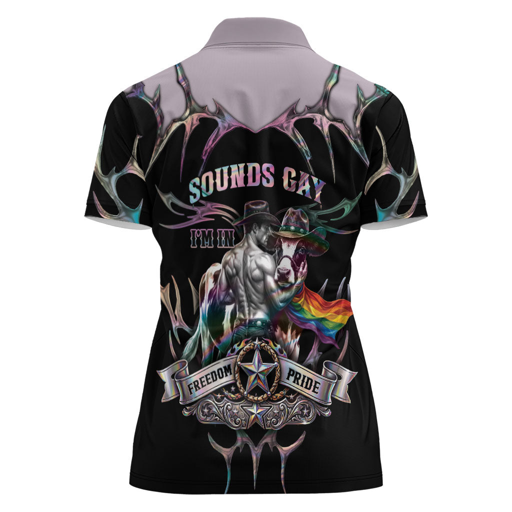 Cowboy Pride Month Sounds Gay Im in Women Polo Shirt Y2K Tribal Chrome With Rainbow Scarf Cow