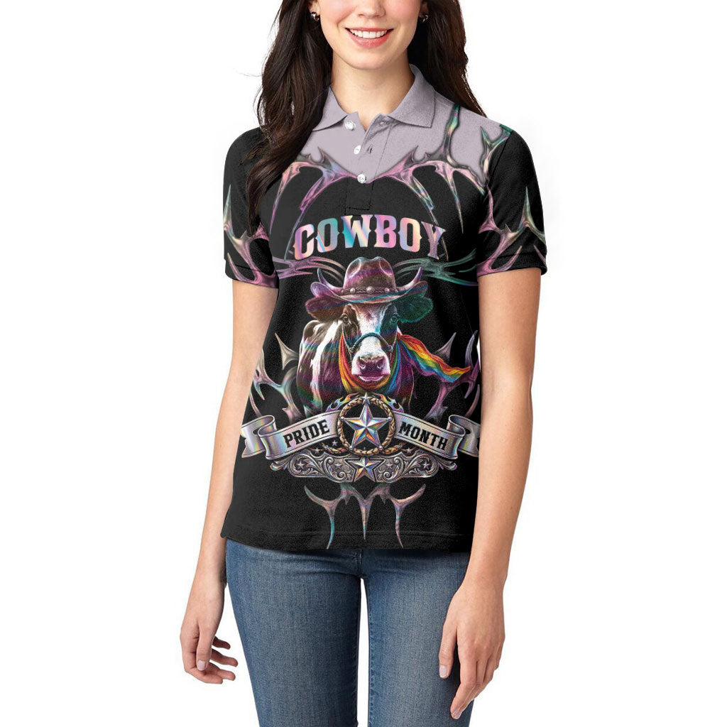 Cowboy Pride Month Sounds Gay Im in Women Polo Shirt Y2K Tribal Chrome With Rainbow Scarf Cow