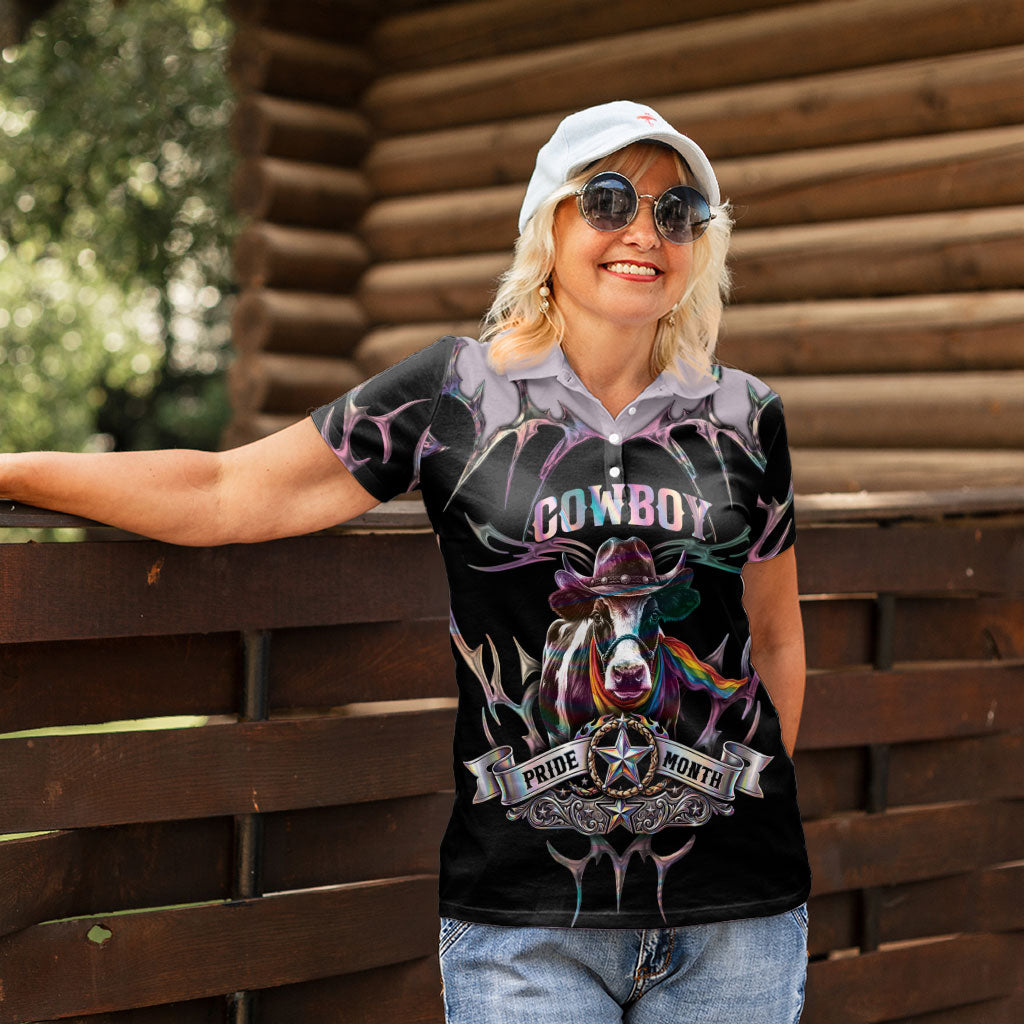 Cowboy Pride Month Sounds Gay Im in Women Polo Shirt Y2K Tribal Chrome With Rainbow Scarf Cow