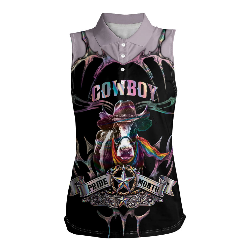 Cowboy Pride Month Sounds Gay Im in Women Sleeveless Polo Shirt Y2K Tribal Chrome With Rainbow Scarf Cow
