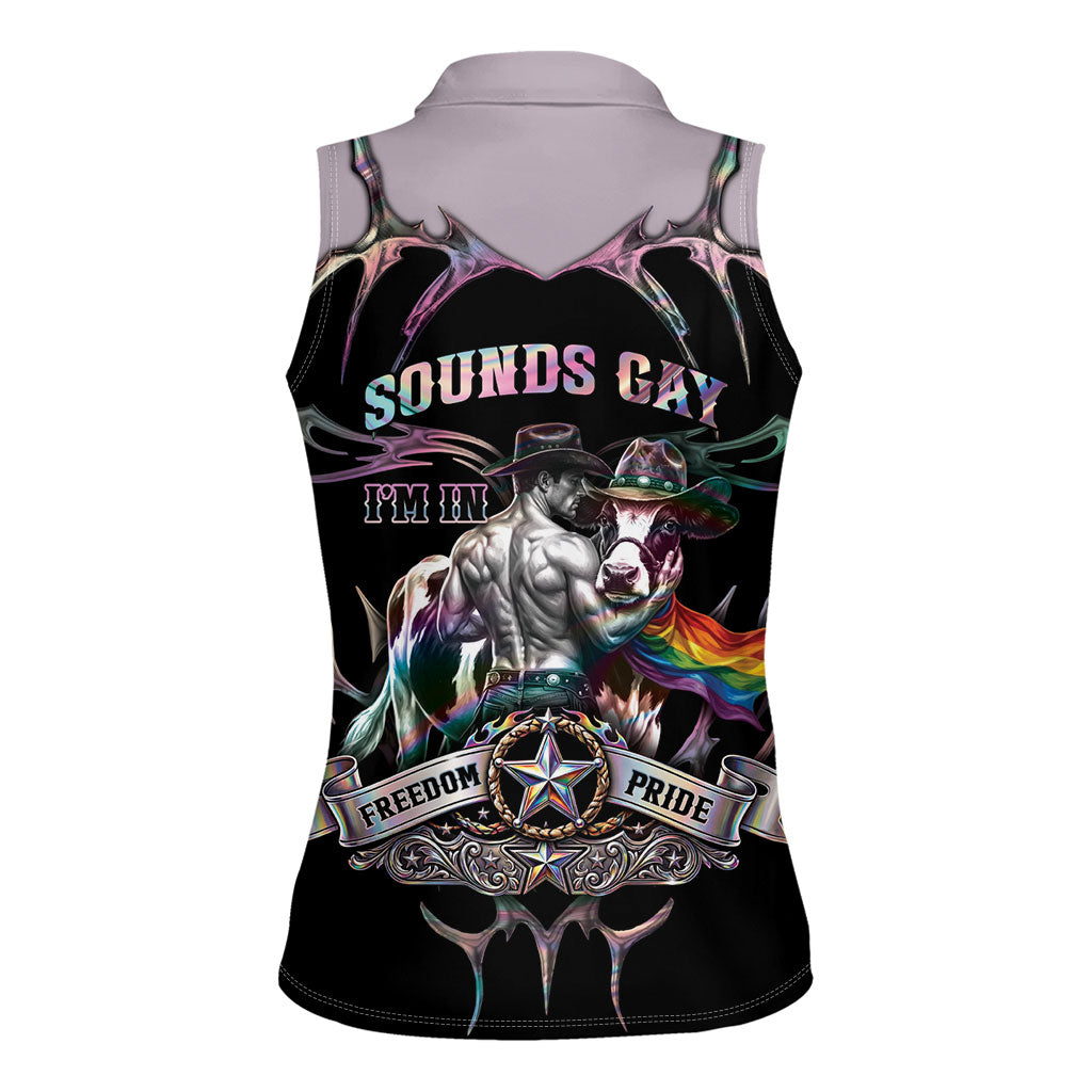 Cowboy Pride Month Sounds Gay Im in Women Sleeveless Polo Shirt Y2K Tribal Chrome With Rainbow Scarf Cow