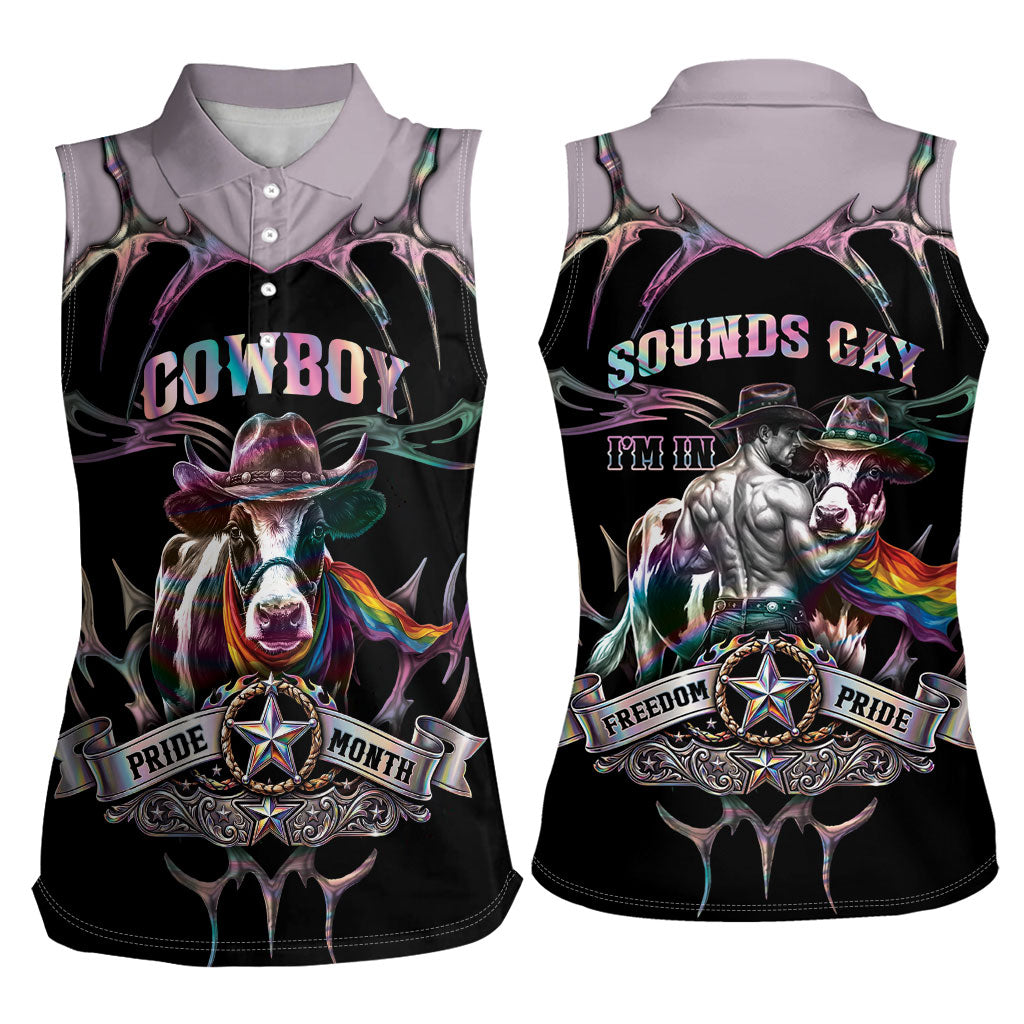 Cowboy Pride Month Sounds Gay Im in Women Sleeveless Polo Shirt Y2K Tribal Chrome With Rainbow Scarf Cow