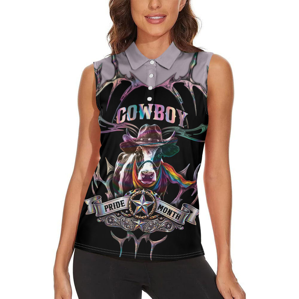 Cowboy Pride Month Sounds Gay Im in Women Sleeveless Polo Shirt Y2K Tribal Chrome With Rainbow Scarf Cow