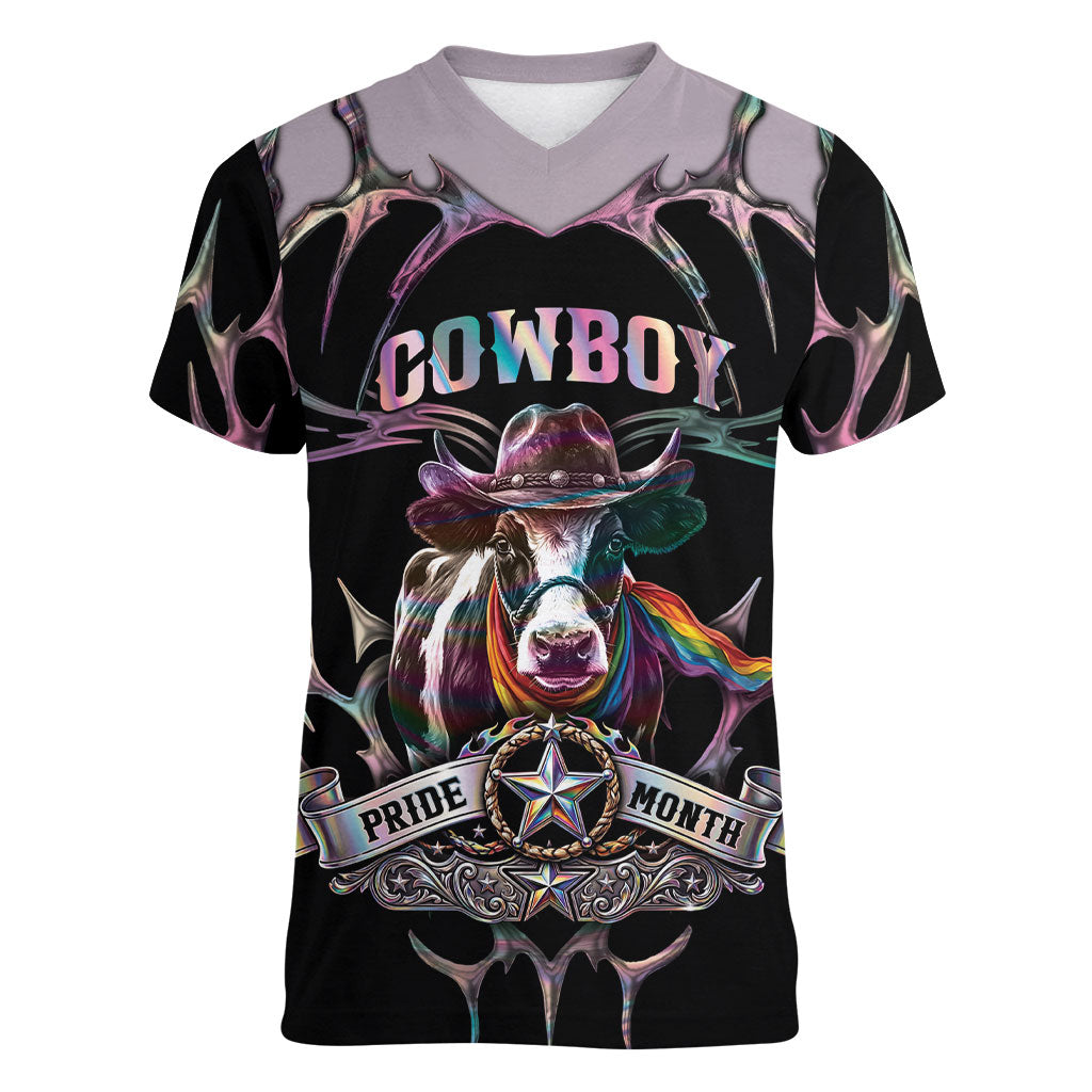 Cowboy Pride Month Sounds Gay Im in Women V-Neck T-Shirt Y2K Tribal Chrome With Rainbow Scarf Cow