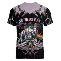 Cowboy Pride Month Sounds Gay Im in Women V-Neck T-Shirt Y2K Tribal Chrome With Rainbow Scarf Cow