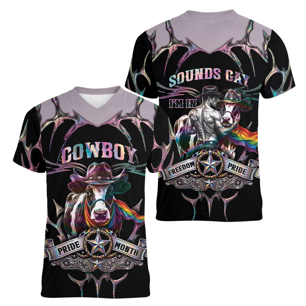 Cowboy Pride Month Sounds Gay Im in Women V-Neck T-Shirt Y2K Tribal Chrome With Rainbow Scarf Cow