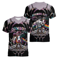 Cowboy Pride Month Sounds Gay Im in Women V-Neck T-Shirt Y2K Tribal Chrome With Rainbow Scarf Cow