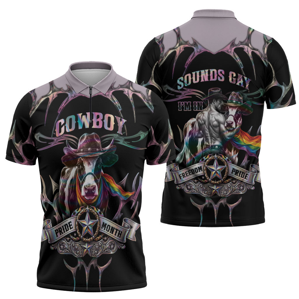 Cowboy Pride Month Sounds Gay Im in Zipper Polo Shirt Y2K Tribal Chrome With Rainbow Scarf Cow