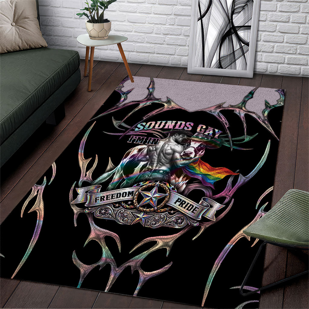 Cowboy Pride Month Sounds Gay Im in Area Rug Y2K Tribal Chrome With Rainbow Scarf Cow Version 2